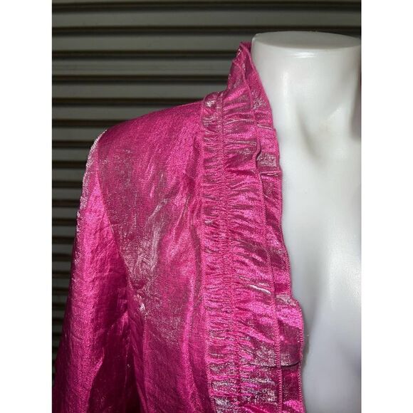 Rafael shiny bright pink ruffle cardigan evening date career with tie front - Picture 5 of 8